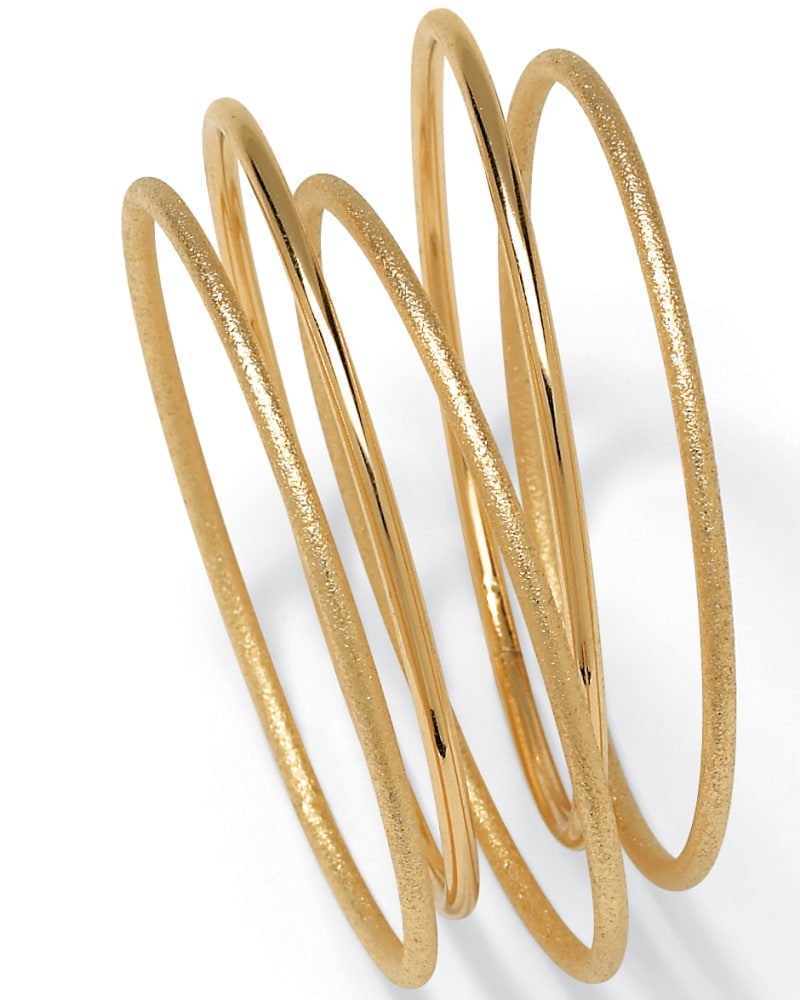 Front of a size 9 in 5 Piece Bangle Bracelet Set in Textured and Polished Yellow Goldtone in Yellow by PalmBeach Jewelry. | dia_product_style_image_id:333305